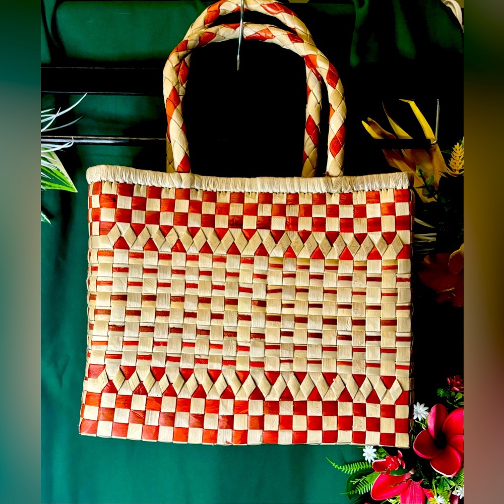 Small orange lauhala tote